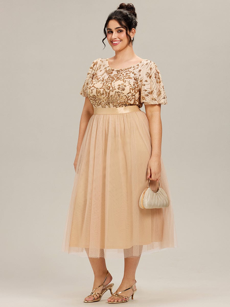 Round Neck Sequin Ruffle Sleeve Dress #color_Gold