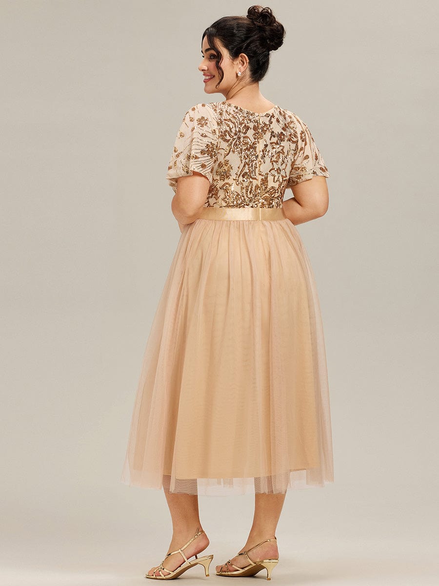 Round Neck Sequin Ruffle Sleeve Dress #color_Gold
