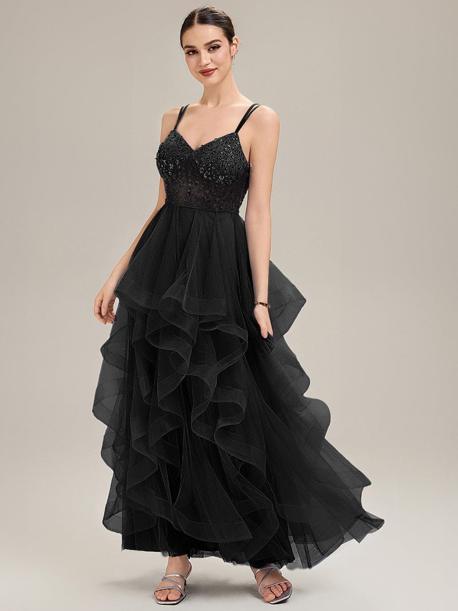 Tie-Front Mesh Sleeveless Evening Dress #color_Black