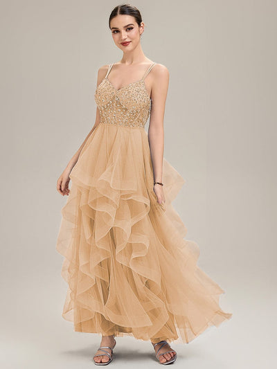 Tie-Front Mesh Sleeveless Evening Dress #color_Gold