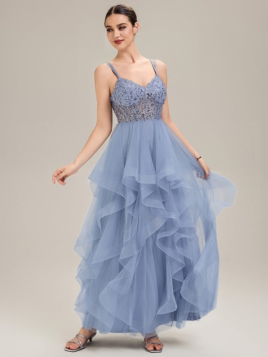 Tie-Front Mesh Sleeveless Evening Dress #color_Light Blue