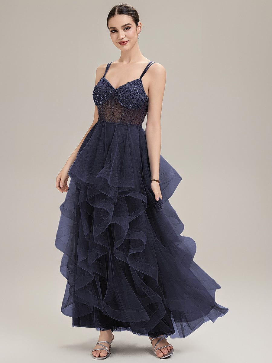 Tie-Front Mesh Sleeveless Evening Dress #color_Navy Blue