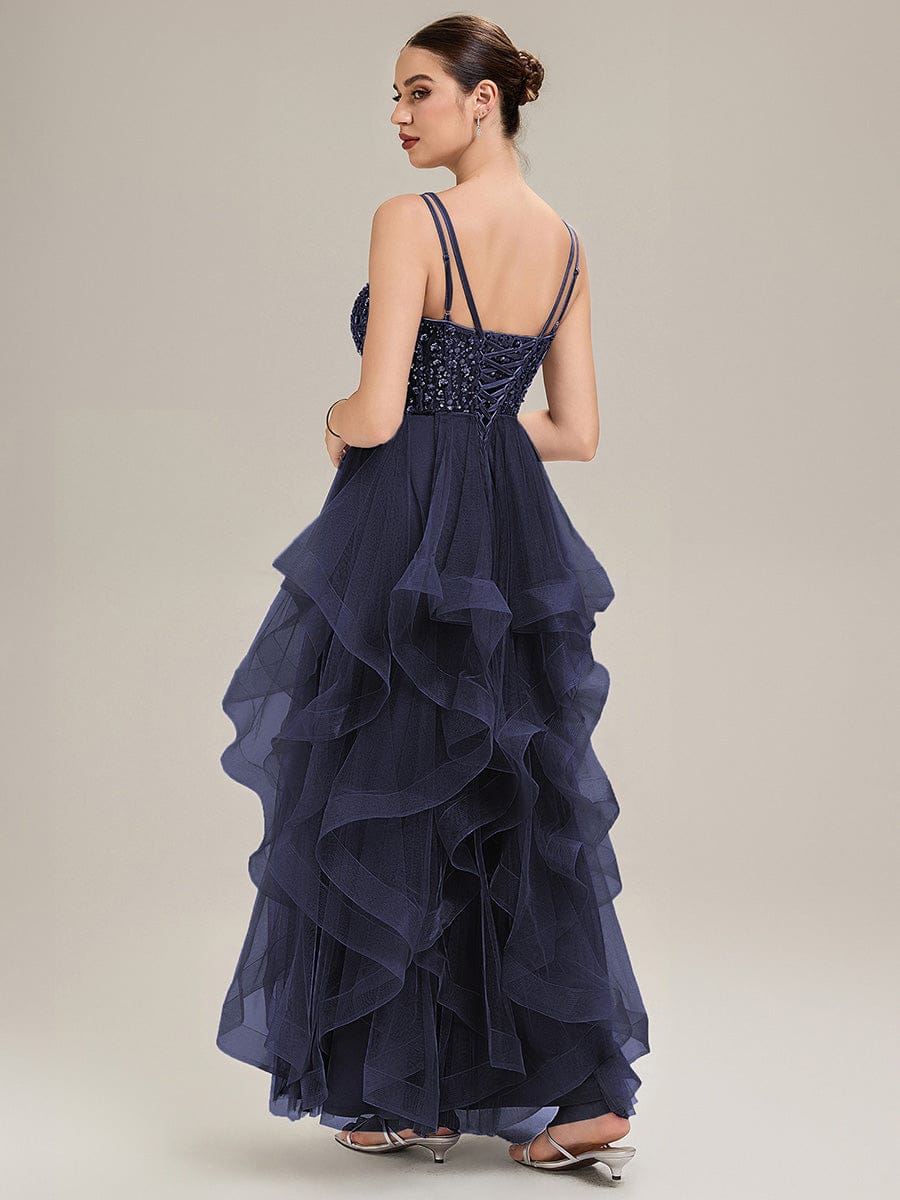 Tie-Front Mesh Sleeveless Evening Dress #color_Navy Blue