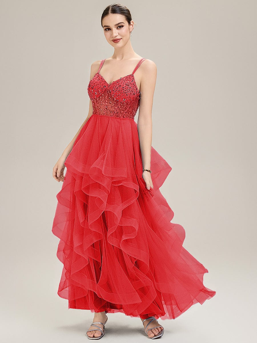 Tie-Front Mesh Sleeveless Evening Dress #color_Red