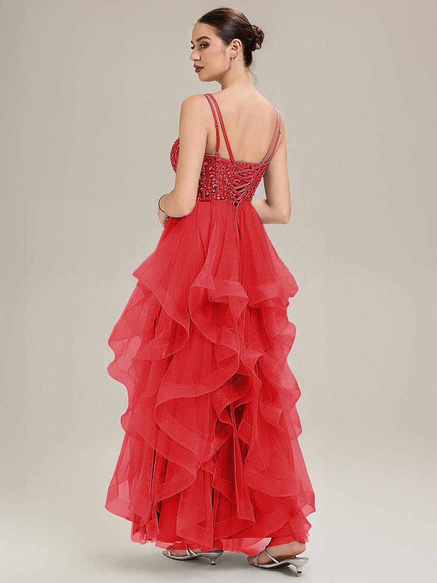 Tie-Front Mesh Sleeveless Evening Dress #color_Red