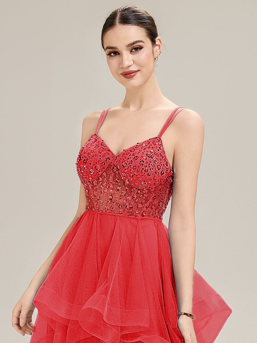 Tie-Front Mesh Sleeveless Evening Dress #color_Red