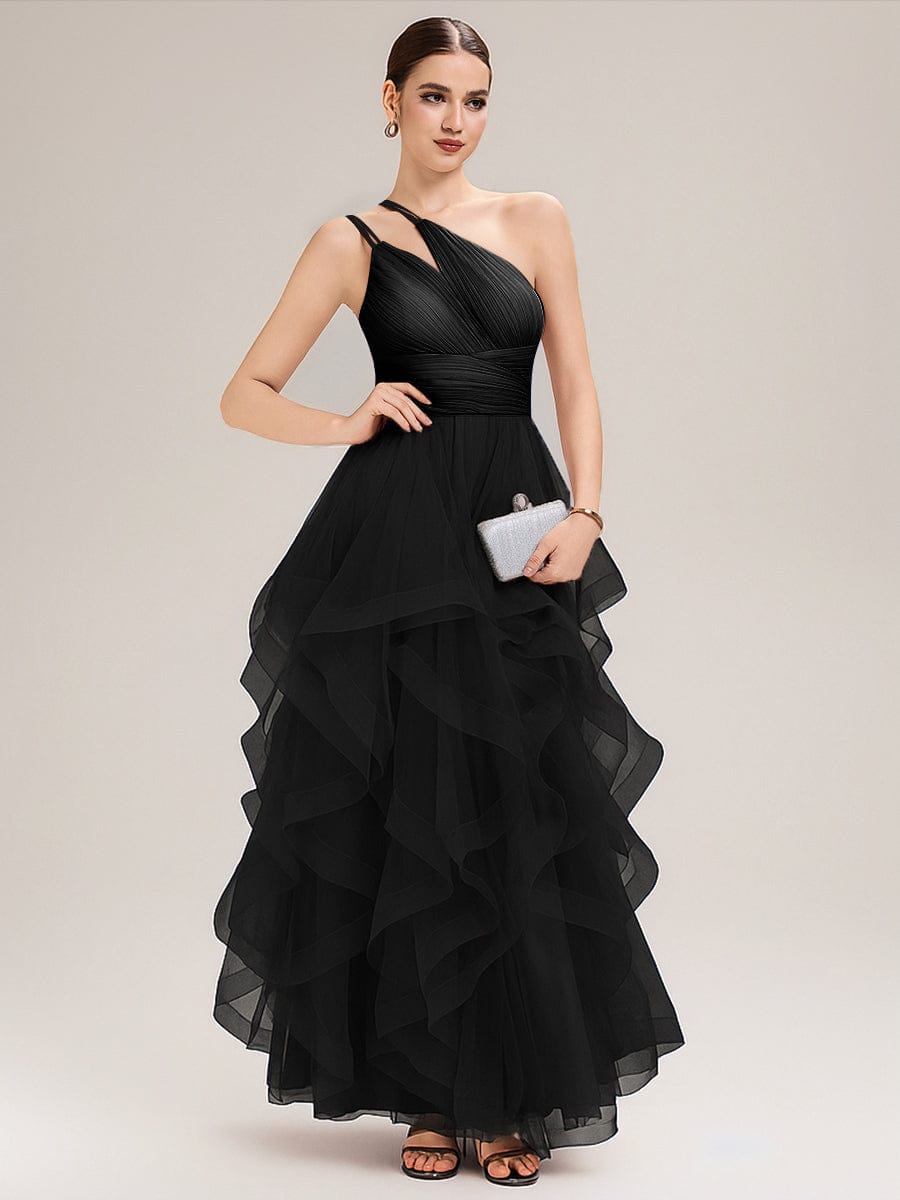 Pleated Mesh Sleeveless Evening Dress #color_Black