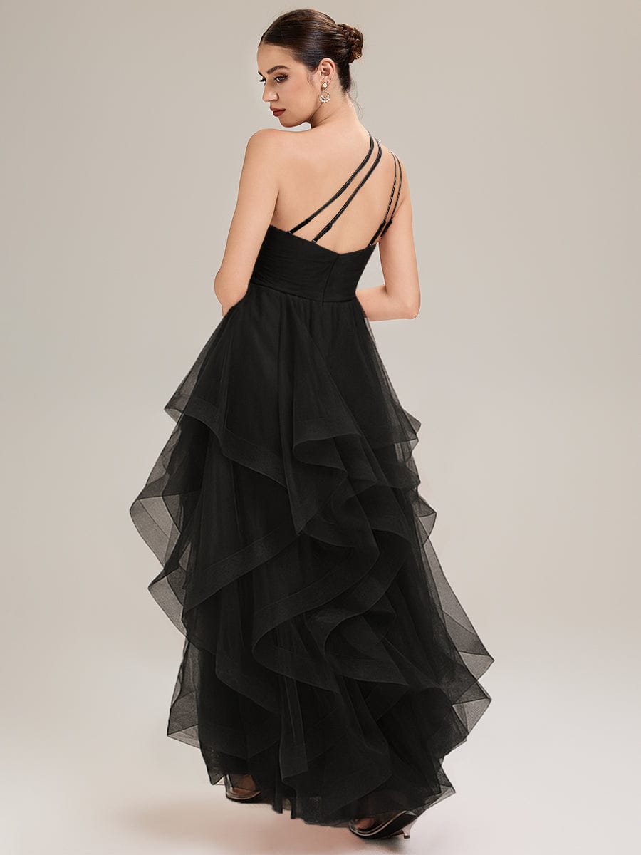 Pleated Mesh Sleeveless Evening Dress #color_Black
