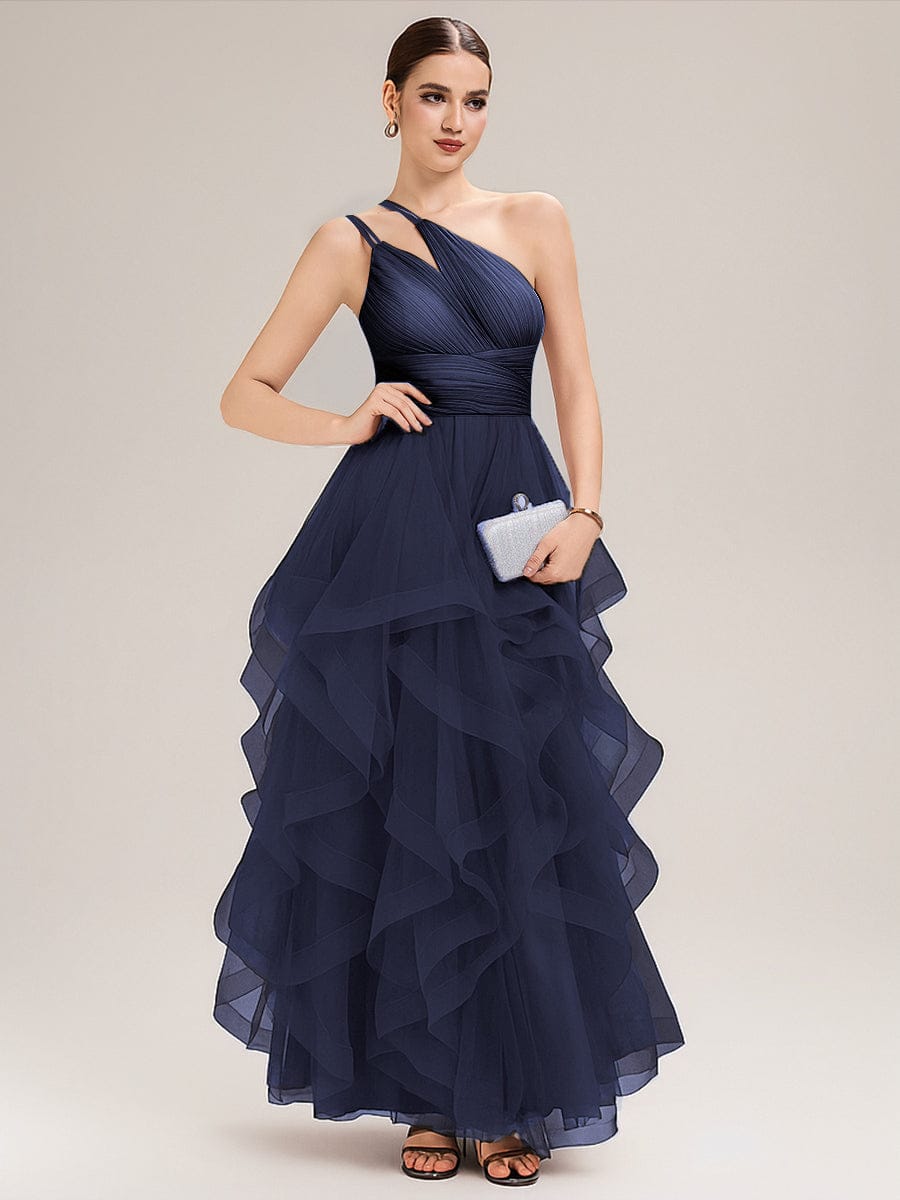 Pleated Mesh Sleeveless Evening Dress #color_Navy Blue