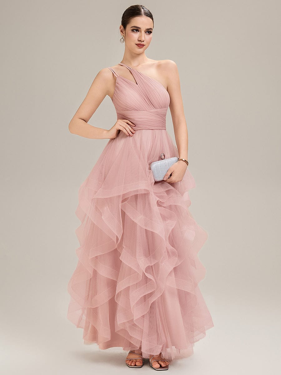 Pleated Mesh Sleeveless Evening Dress #color_Pink