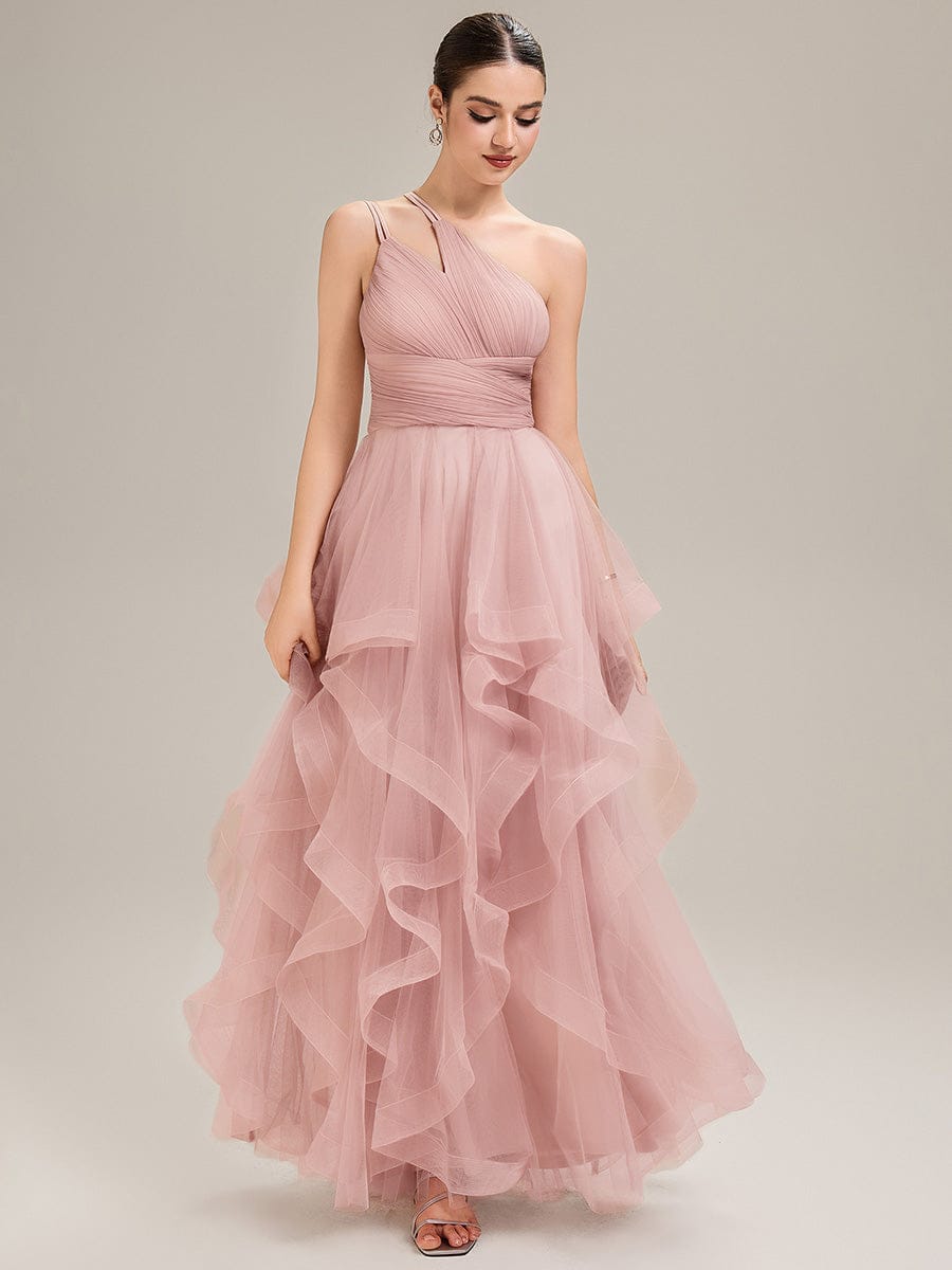 Pleated Mesh Sleeveless Evening Dress #color_Pink