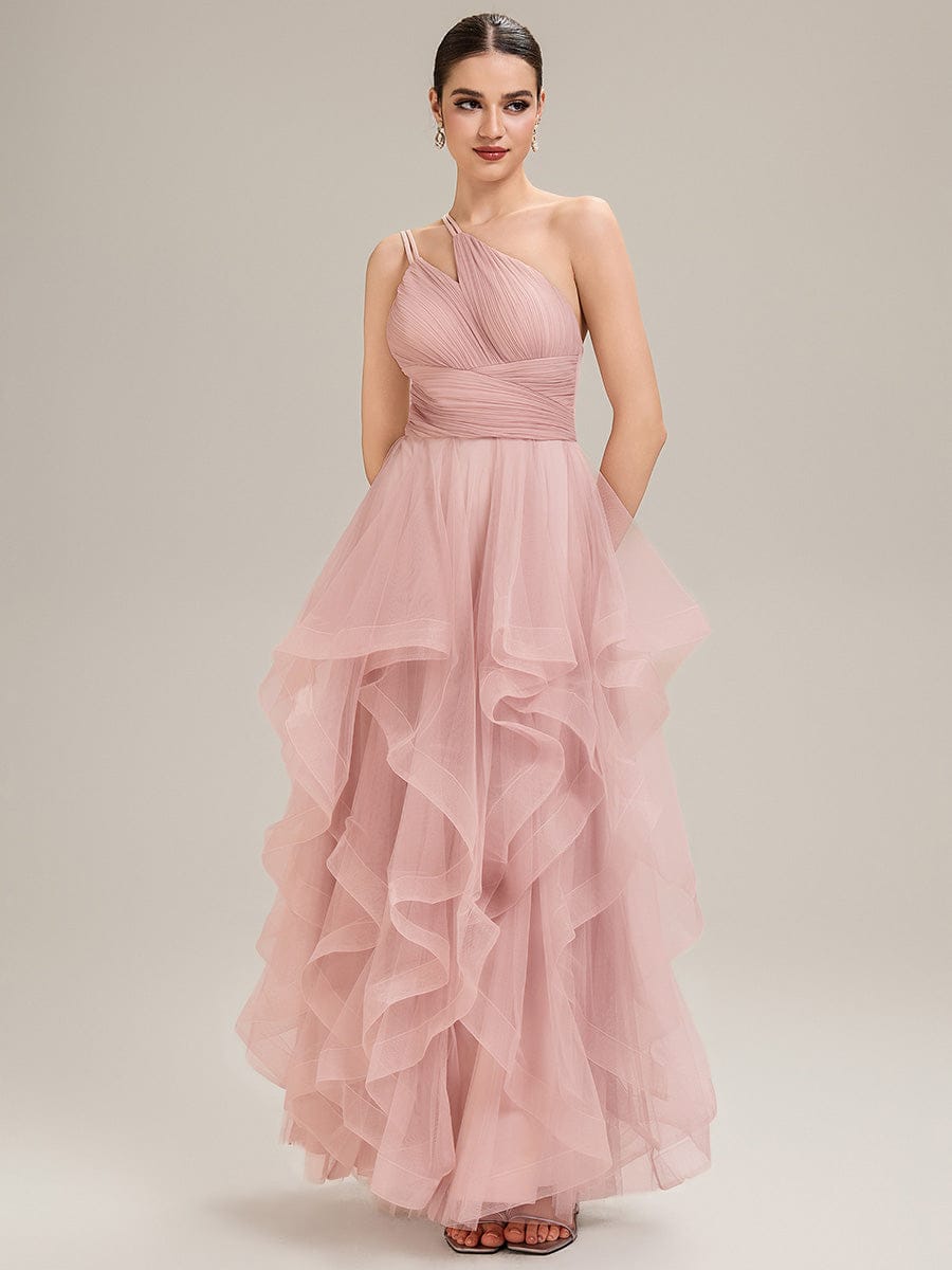 Pleated Mesh Sleeveless Evening Dress #color_Pink