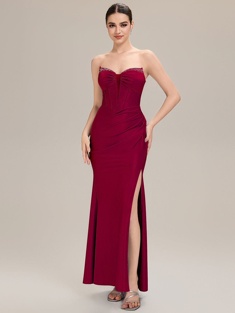 Tie-Front Knit Sleeveless Evening Dress #color_Burgundy