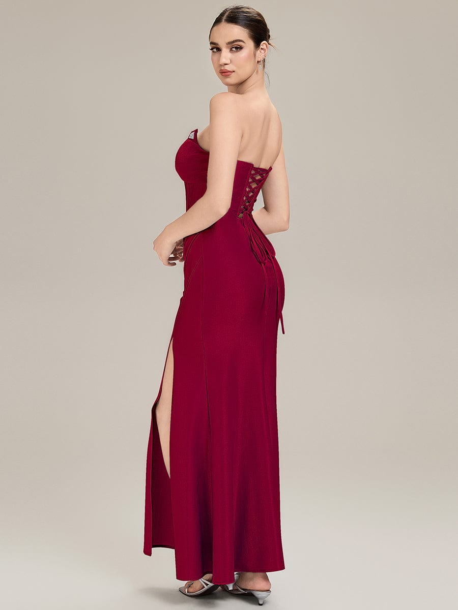 Tie-Front Knit Sleeveless Evening Dress #color_Burgundy