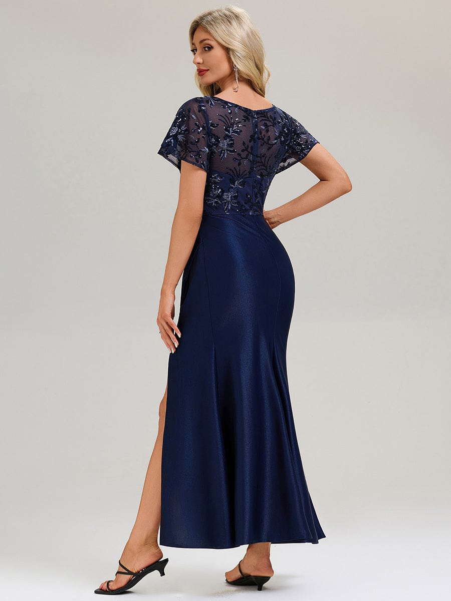 Thigh-High Slit Sequin Ruffle Sleeve Evening Dress #color_Navy Blue