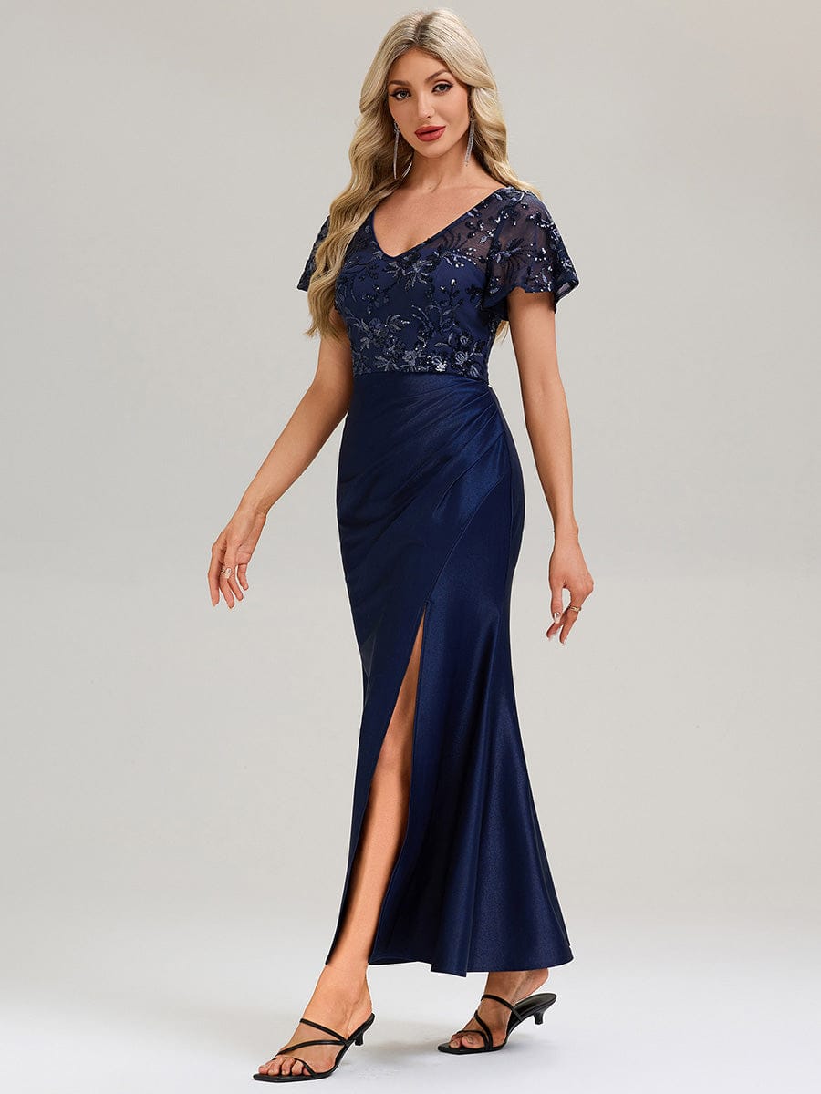 Thigh-High Slit Sequin Ruffle Sleeve Evening Dress #color_Navy Blue