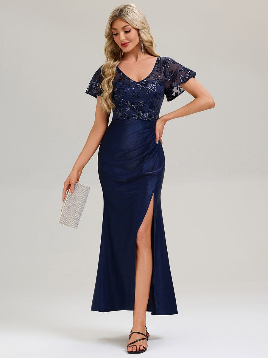 Thigh-High Slit Sequin Ruffle Sleeve Evening Dress #color_Navy Blue
