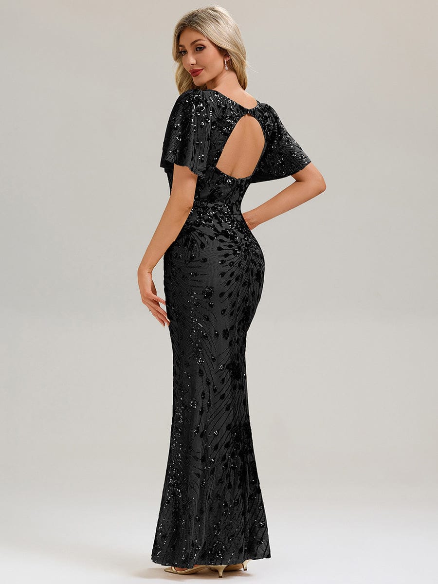 Backless Sequin Ruffle Sleeve Evening Dress #color_Black