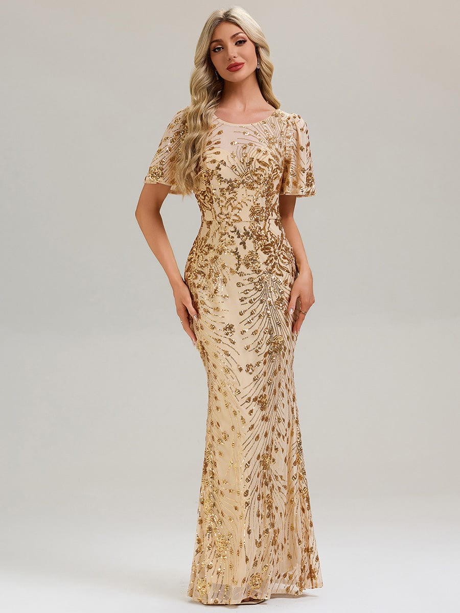 Backless Sequin Ruffle Sleeve Evening Dress #color_Gold