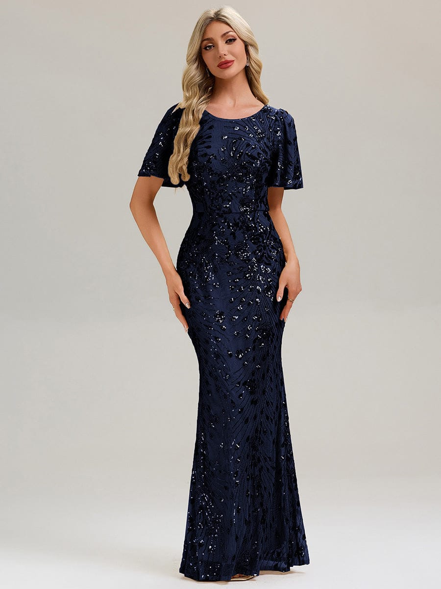 Backless Sequin Ruffle Sleeve Evening Dress #color_Navy Blue
