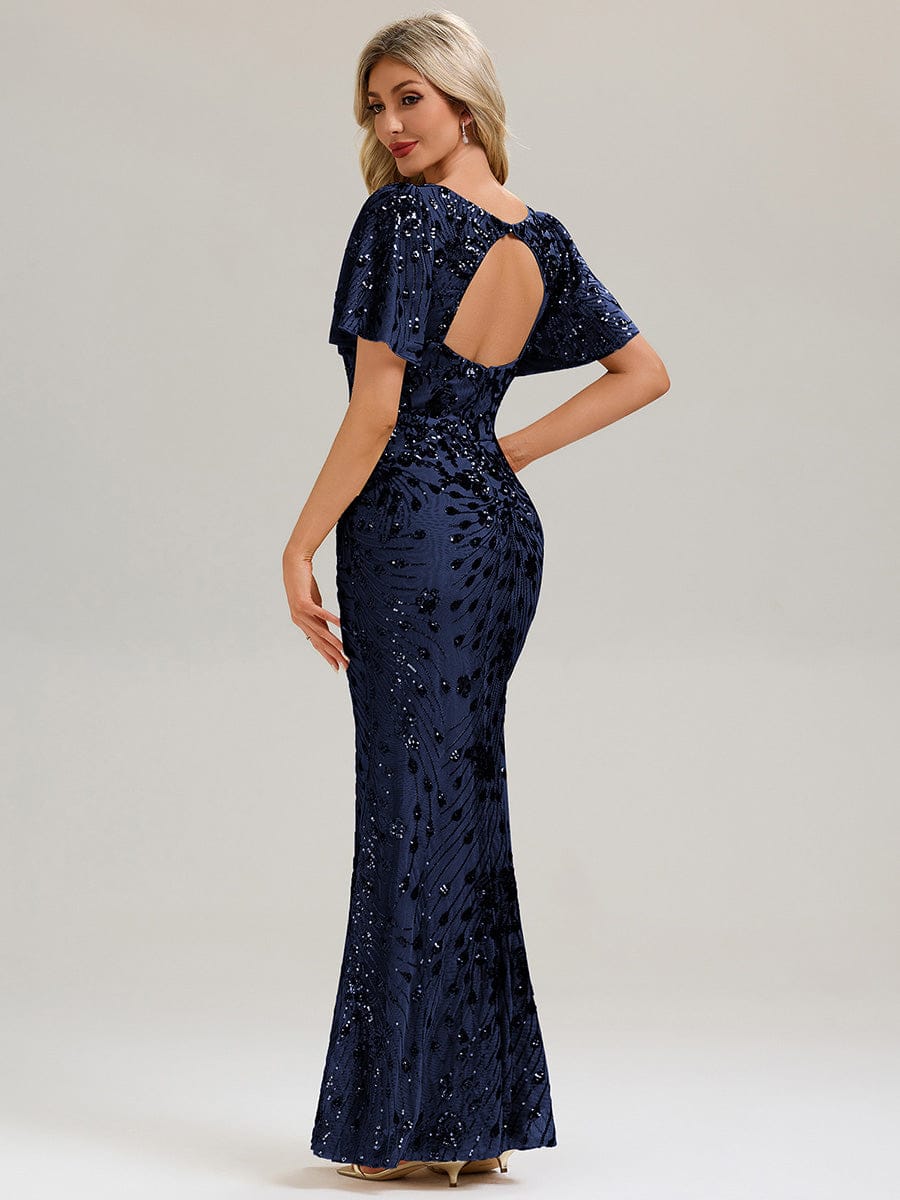 Backless Sequin Ruffle Sleeve Evening Dress #color_Navy Blue