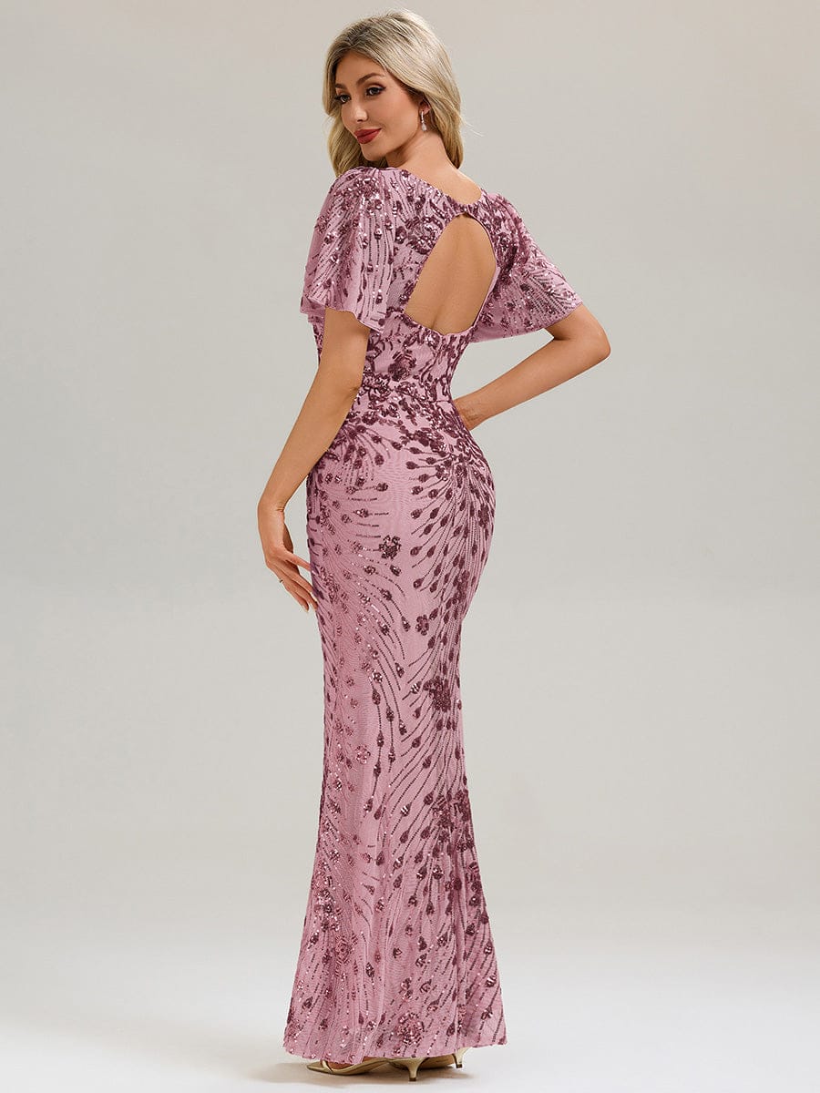 Backless Sequin Ruffle Sleeve Evening Dress #color_Purple Orchid