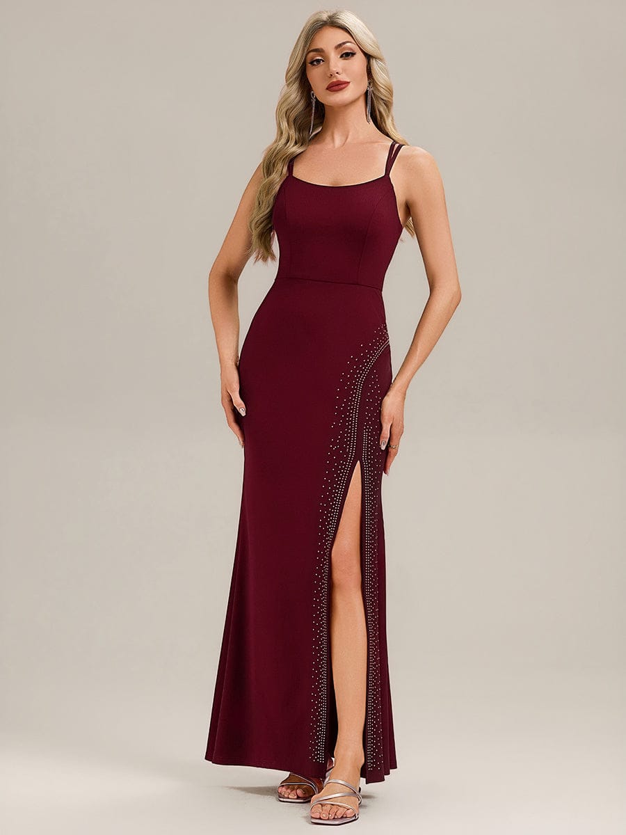 Thigh-High Slit Knit Sleeveless Evening Dress #color_Burgundy