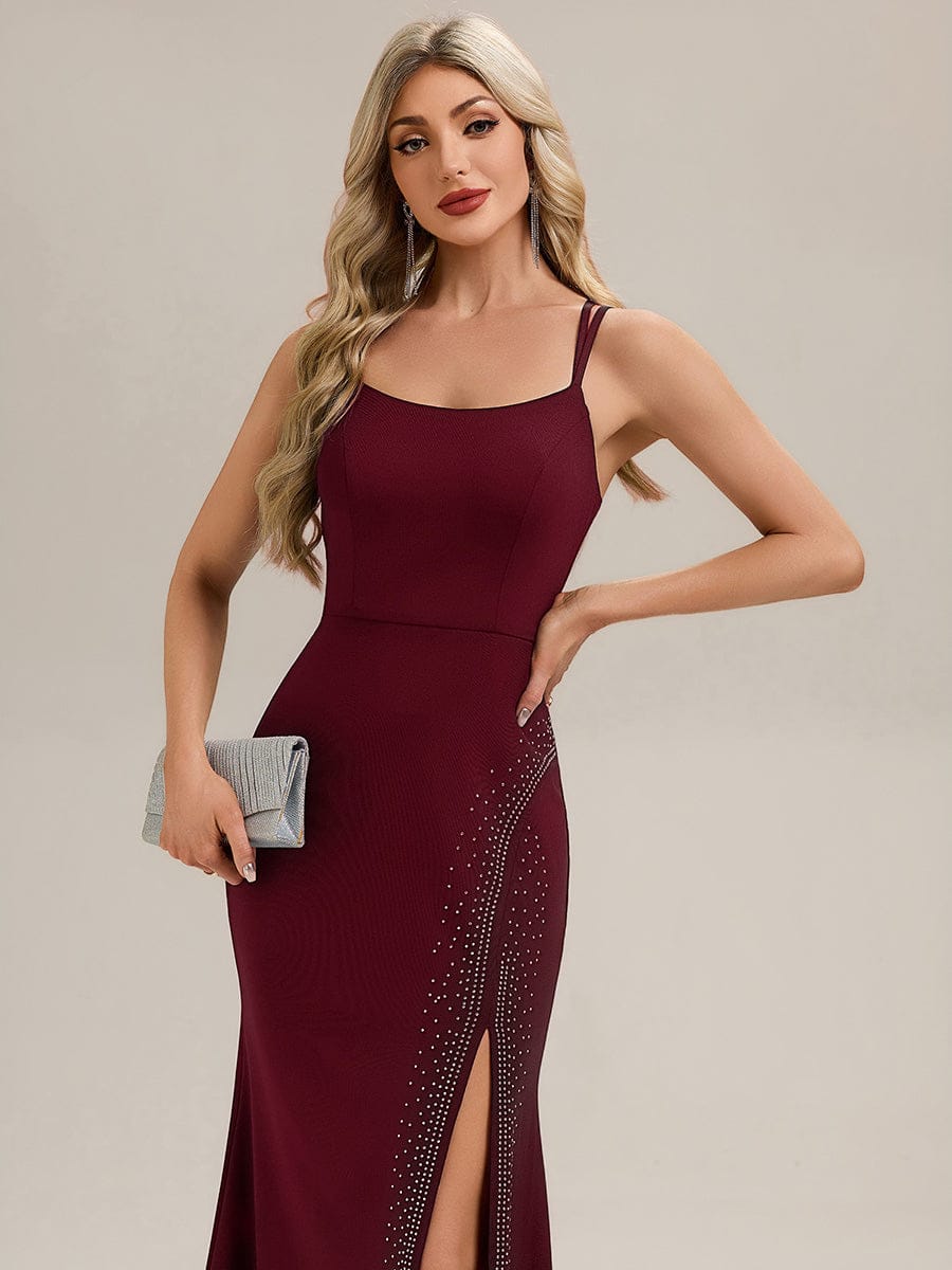 Thigh-High Slit Knit Sleeveless Evening Dress #color_Burgundy