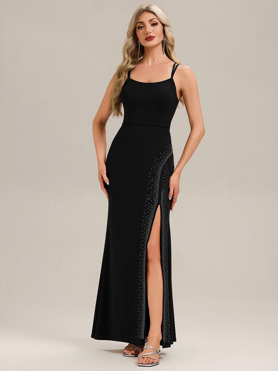 Thigh-High Slit Knit Sleeveless Evening Dress #color_Black