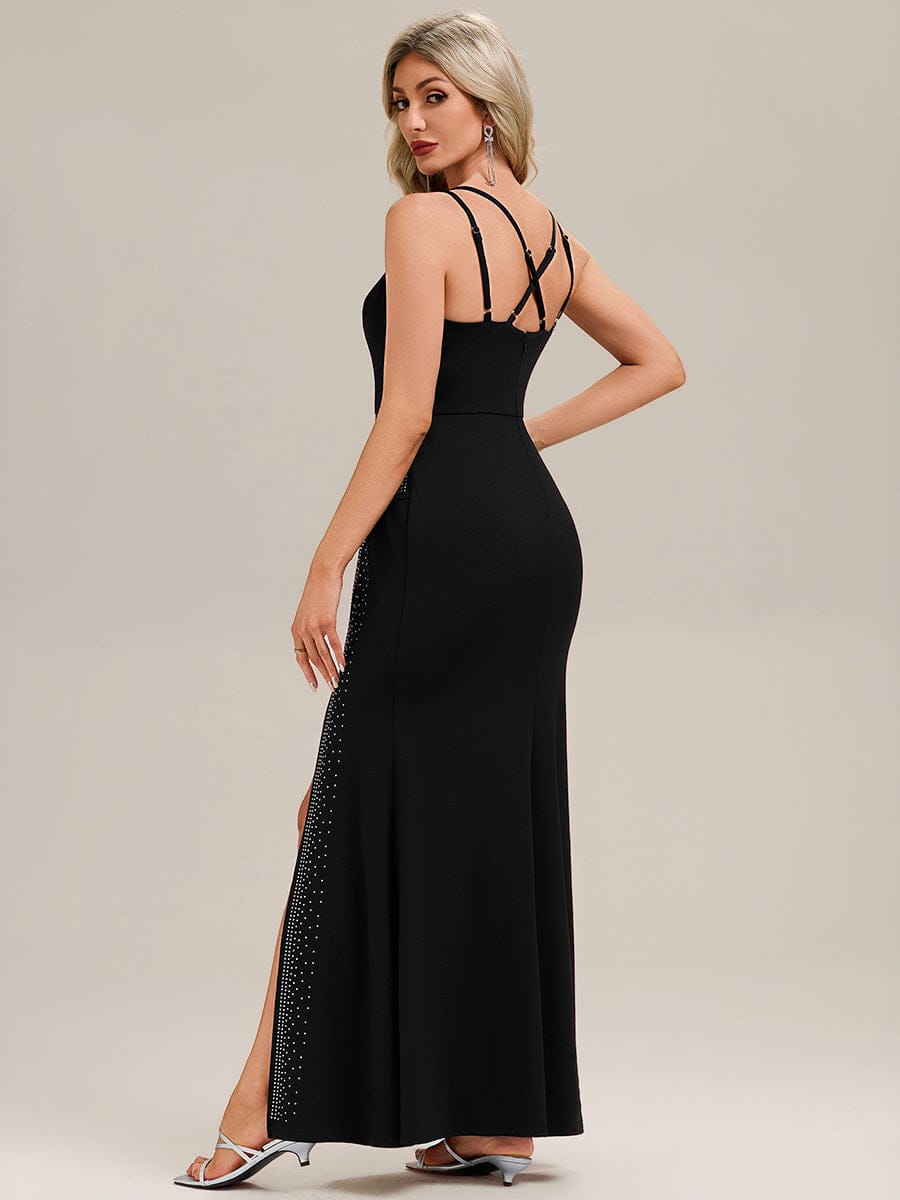 Thigh-High Slit Knit Sleeveless Evening Dress #color_Black