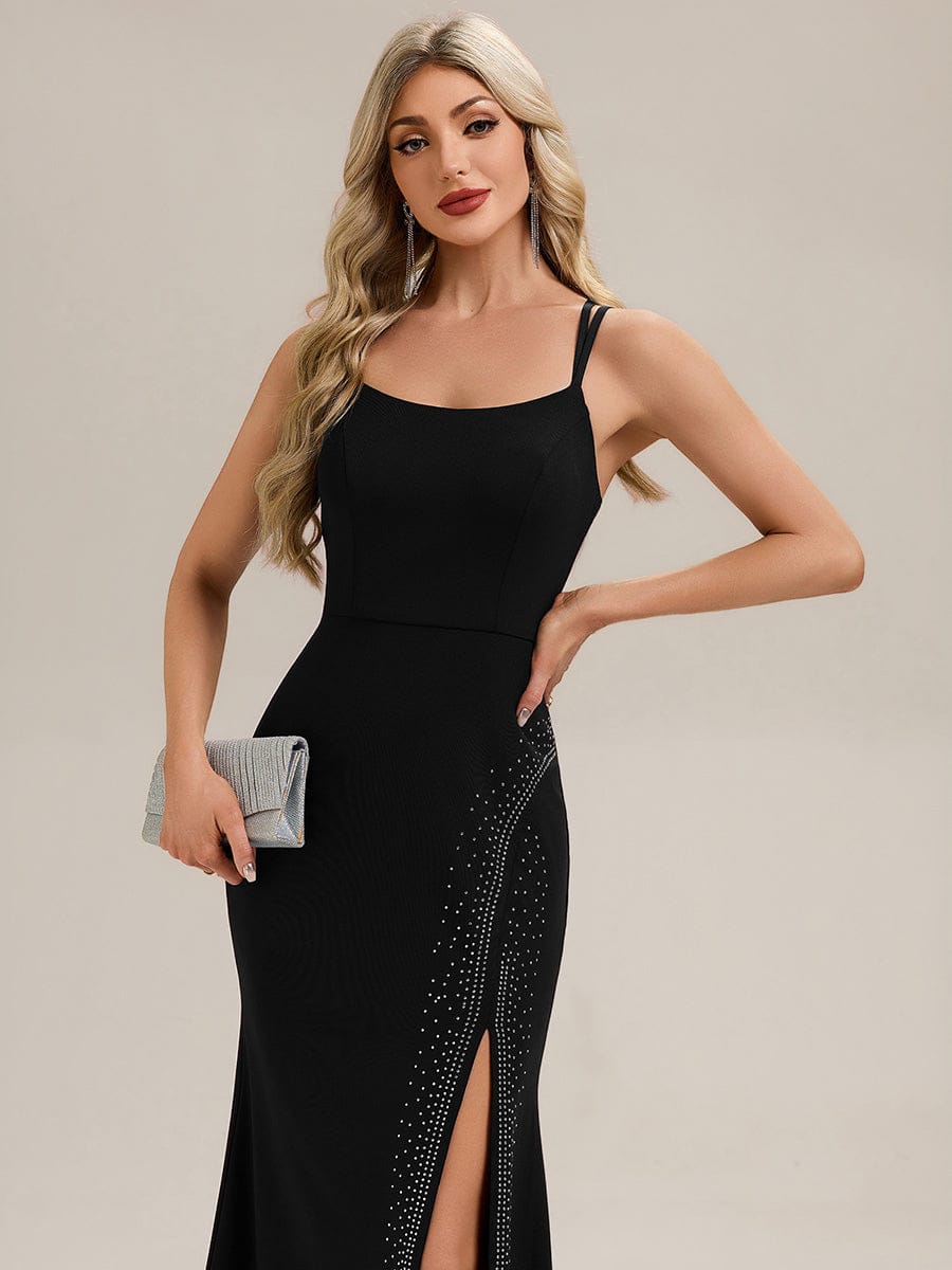 Thigh-High Slit Knit Sleeveless Evening Dress #color_Black