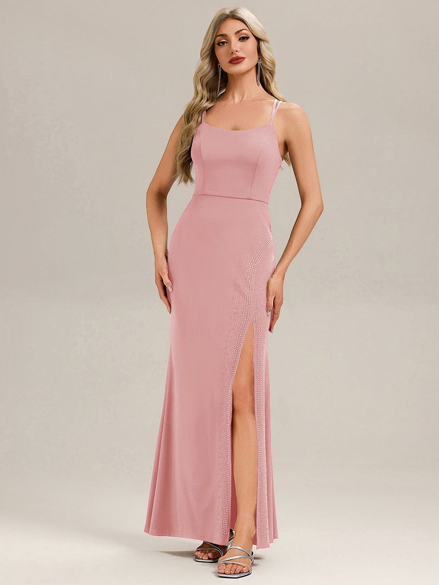 Thigh-High Slit Knit Sleeveless Evening Dress #color_Dusty Rose