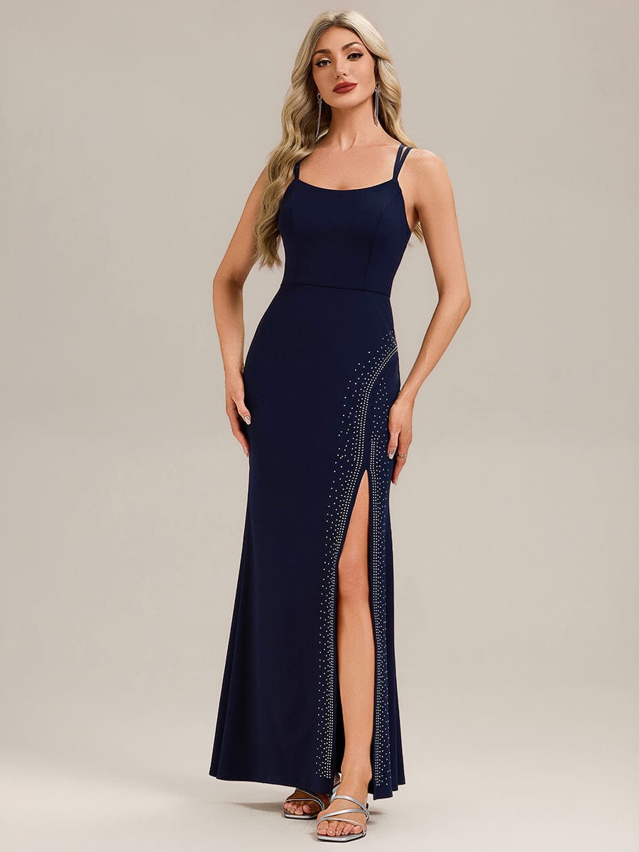 Thigh-High Slit Knit Sleeveless Evening Dress #color_Navy Blue