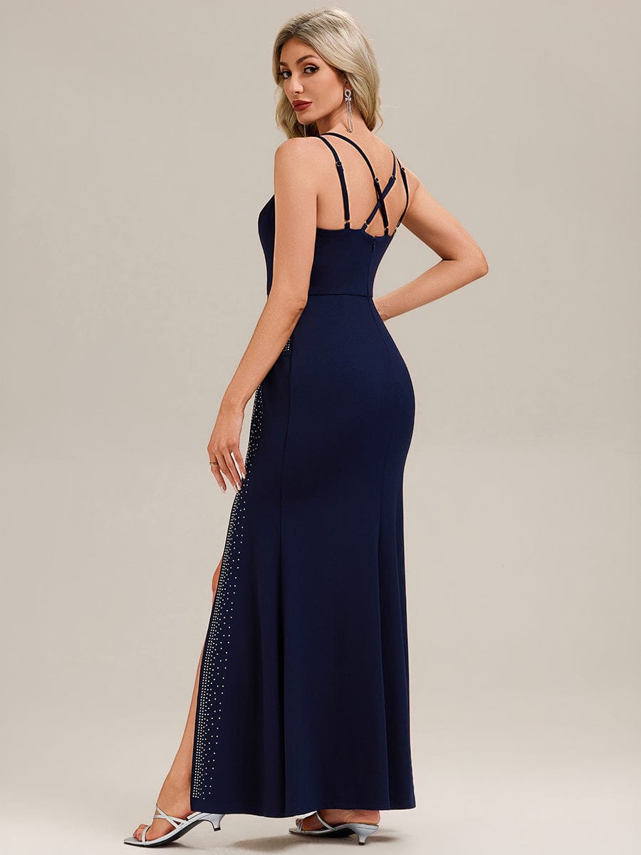 Thigh-High Slit Knit Sleeveless Evening Dress #color_Navy Blue
