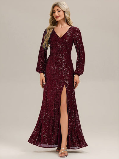 Deep V-Neck Sequin Lantern Sleeve Evening Dress #color_Burgundy