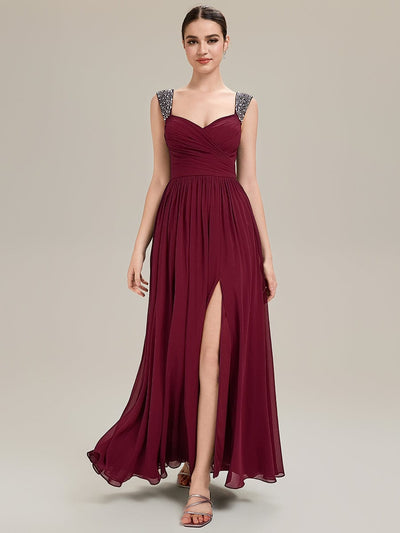 Gathered Chiffon Sleeveless Evening Dress #color_Burgundy