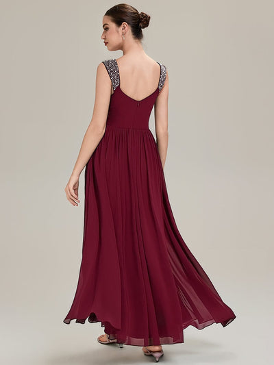 Gathered Chiffon Sleeveless Evening Dress #color_Burgundy
