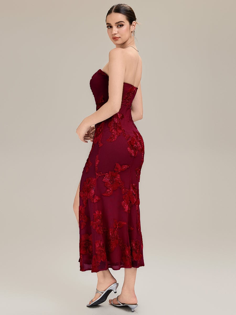 Thigh-High Slit Mesh Sleeveless Evening Dress #color_Burgundy