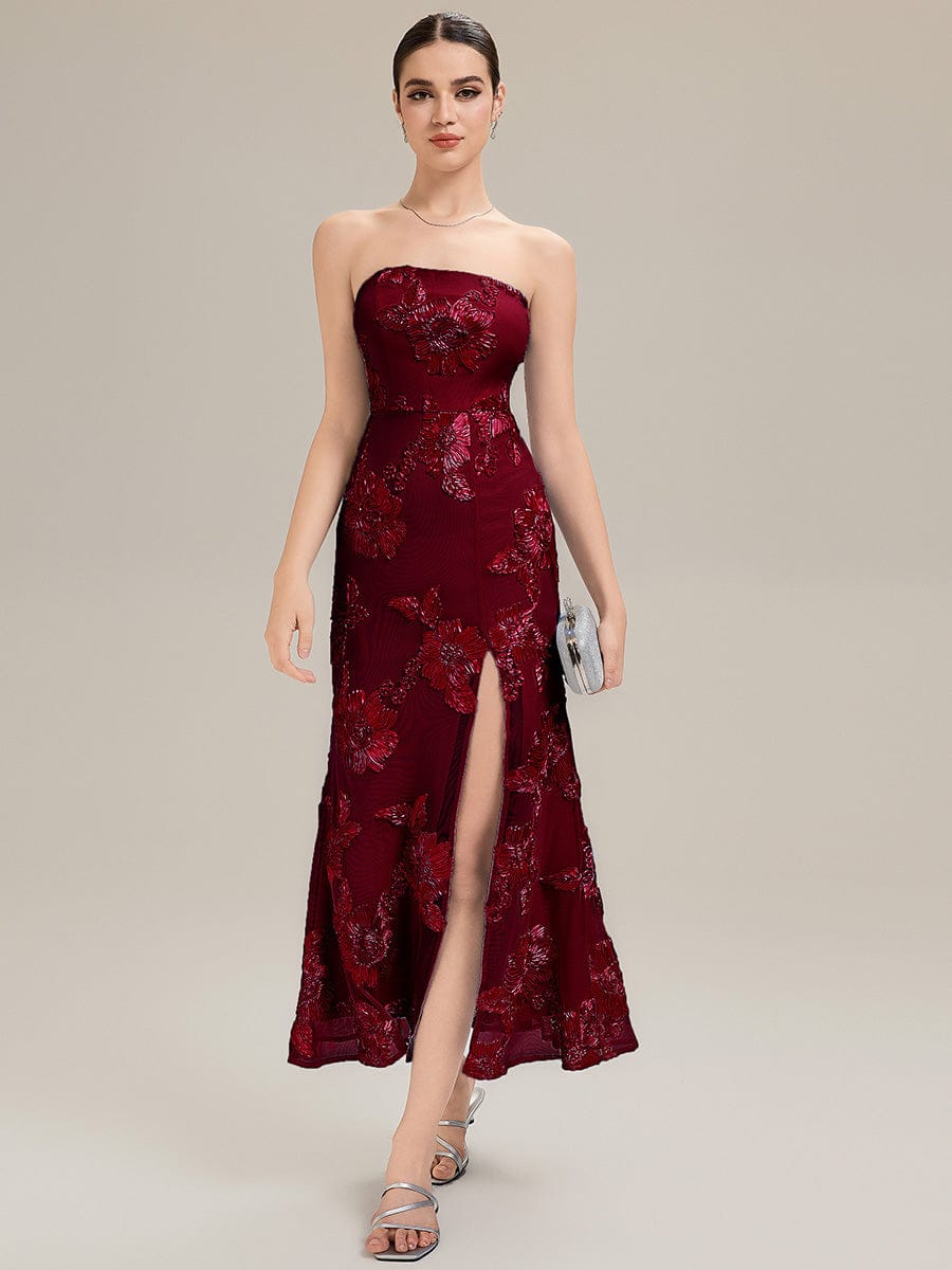 Thigh-High Slit Mesh Sleeveless Evening Dress #color_Burgundy