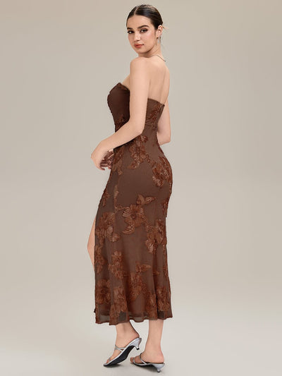 Thigh-High Slit Mesh Sleeveless Evening Dress #color_Brown