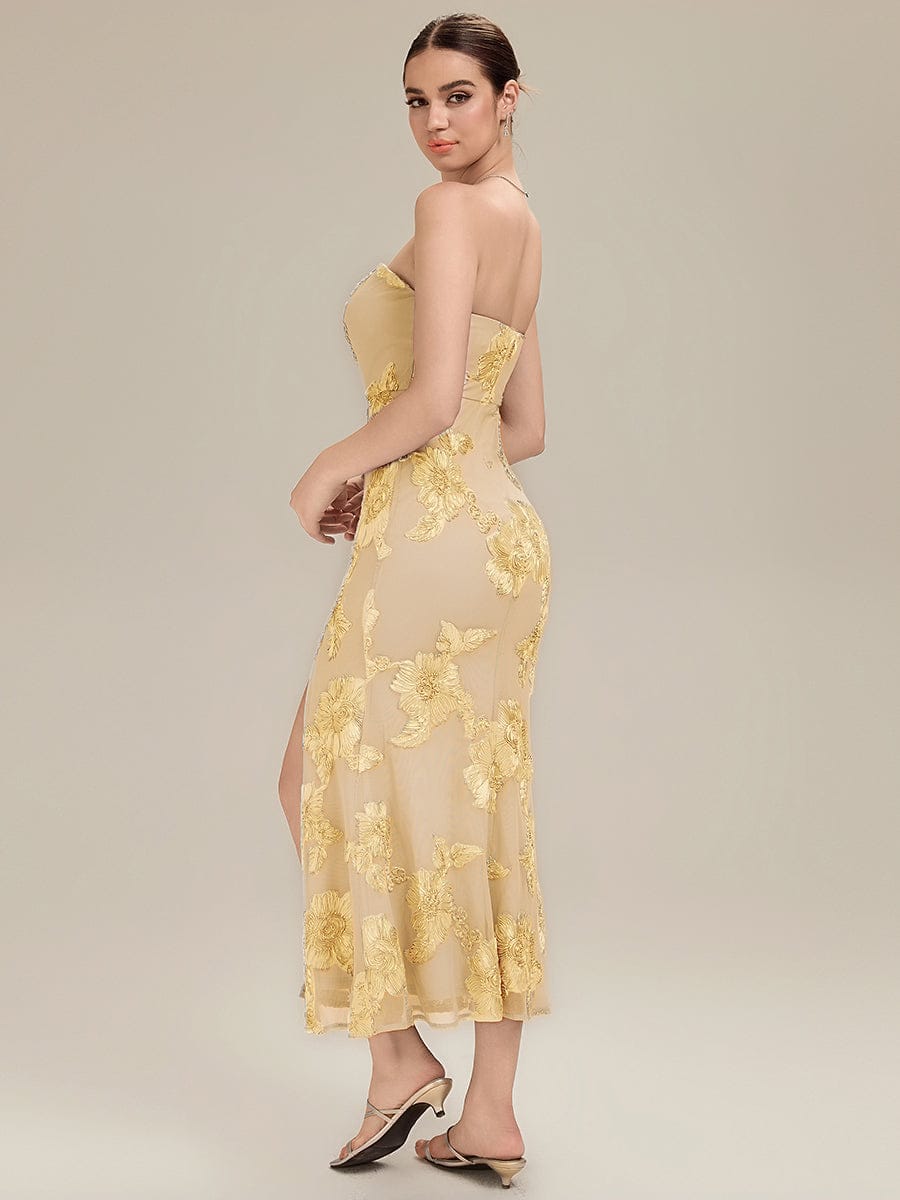 Thigh-High Slit Mesh Sleeveless Evening Dress #color_Yellow