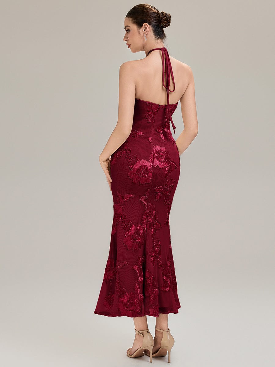 Floral Mesh Sleeveless Evening Dress #color_Burgundy