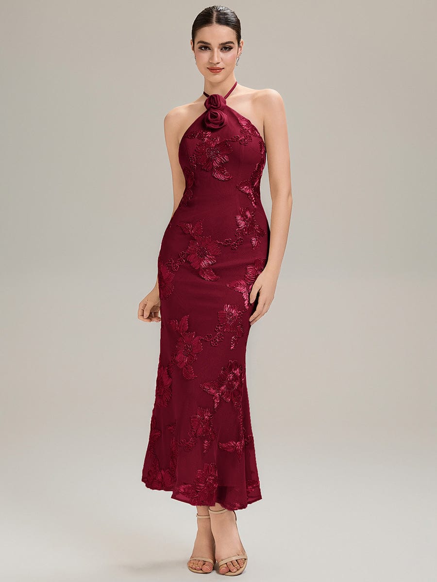 Floral Mesh Sleeveless Evening Dress #color_Burgundy