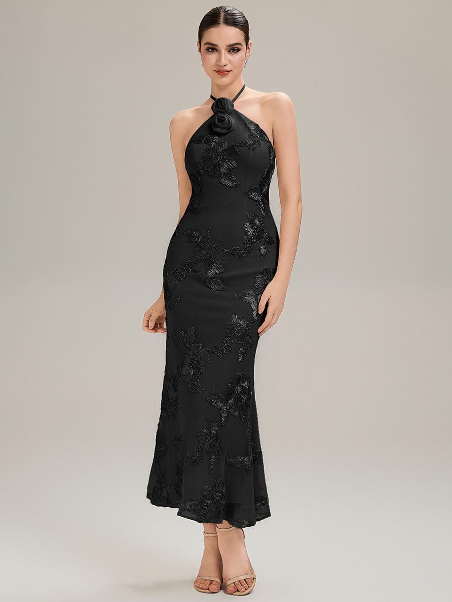 Floral Mesh Sleeveless Evening Dress #color_Black