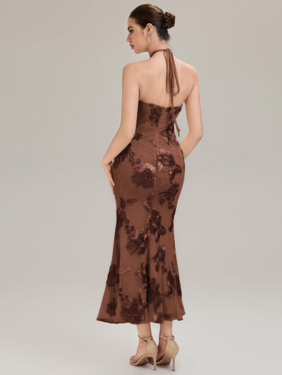 Floral Mesh Sleeveless Evening Dress #color_Brown