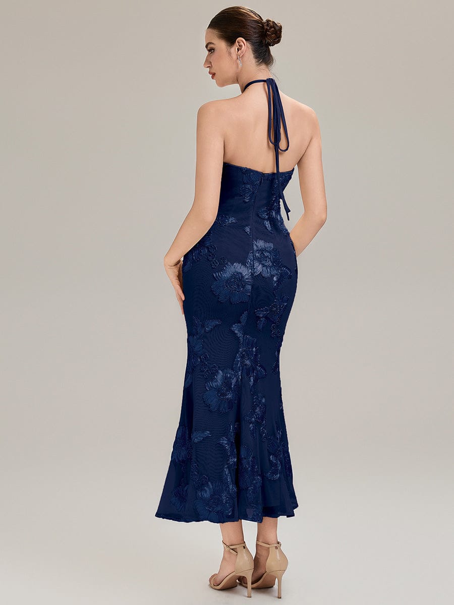 Floral Mesh Sleeveless Evening Dress #color_Navy Blue