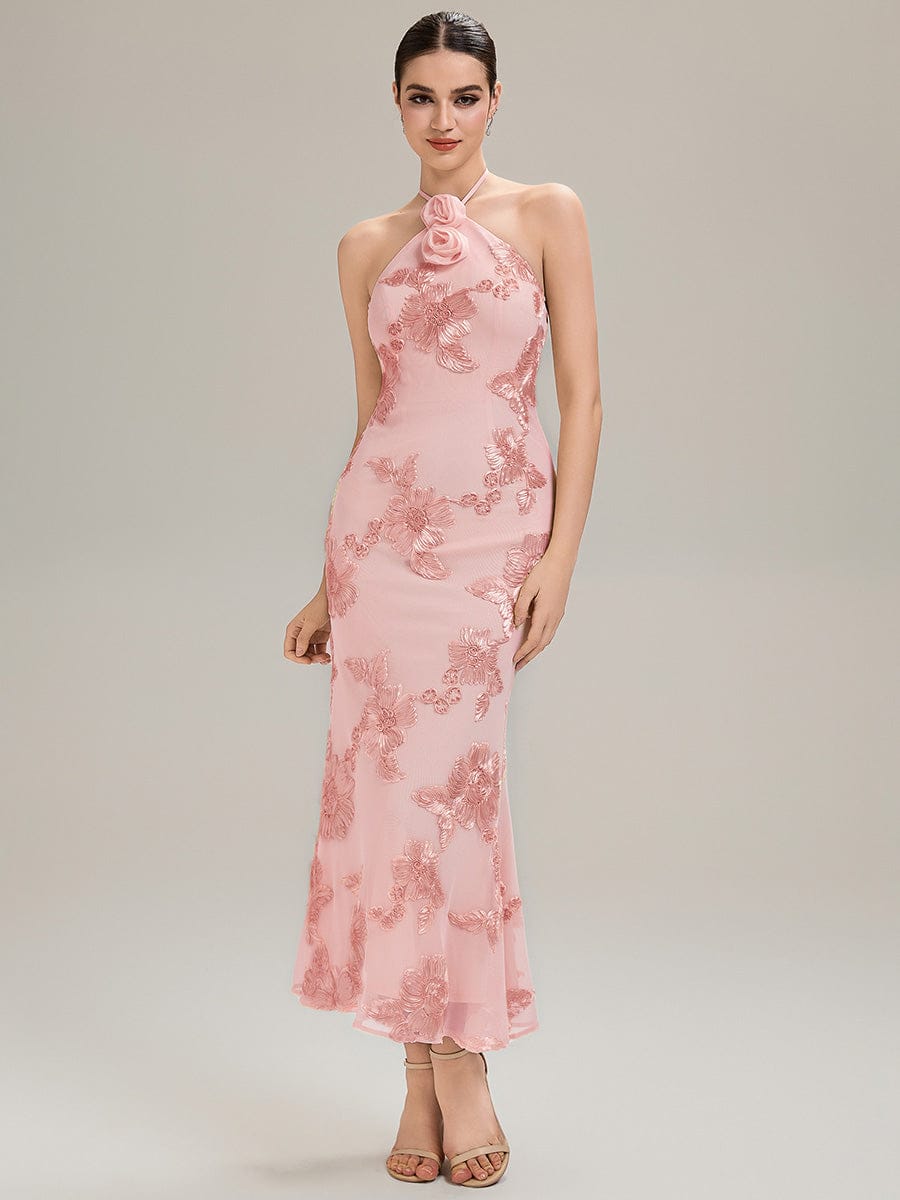 Floral Mesh Sleeveless Evening Dress #color_Pink