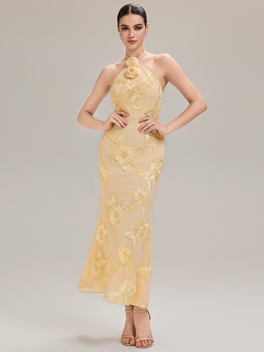 Floral Mesh Sleeveless Evening Dress #color_Yellow