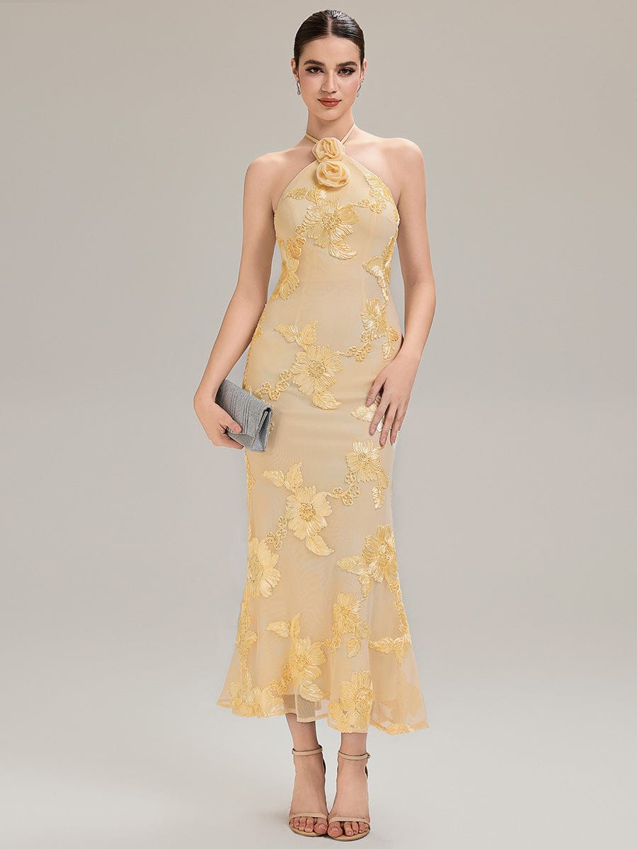 Floral Mesh Sleeveless Evening Dress #color_Yellow