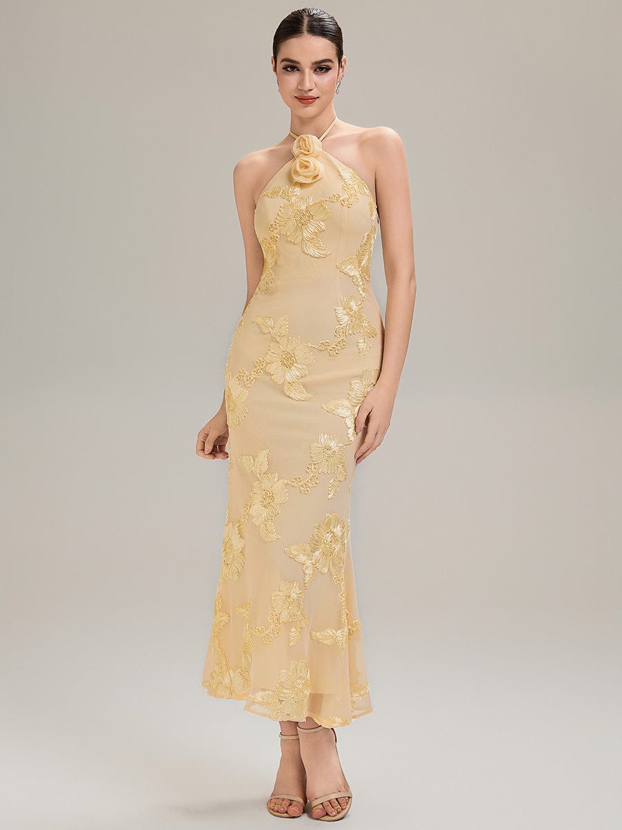 Floral Mesh Sleeveless Evening Dress #color_Yellow